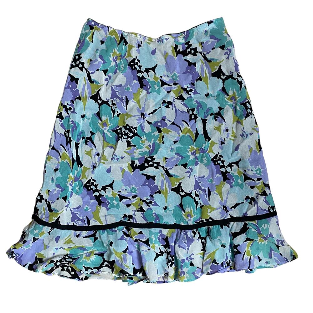 Vintage Y2K 2000s Floral Midi Skirt Blue and Purple Casual Corner Small